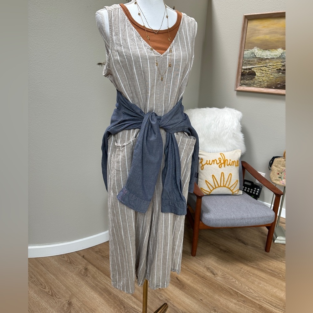 Beachlunchlounge cotton linen taupe and white vertical striped wide leg jumpsuit